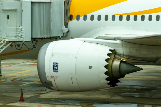Changi, Singapore - &lrm;&lrm;&lrm;&lrm;&lrm;&lrm;February 9, 2020 : Rolls-Royce Trent 1000 Jet Engine of Boeing 787 Dreamliner at Changi Airport.