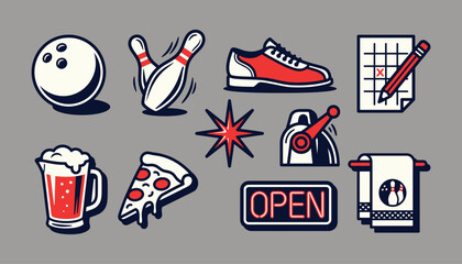 Naklejka premium Bowling Sport Sticker Collection with Vintage Alley Equipment and Social Leisure Icons