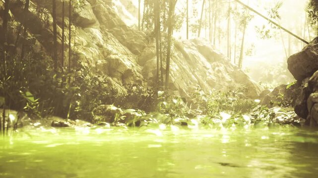 Canopy shaded tropical pool with sparkle on surface, dense greenery and small plants along bank, warm filtered light creating vivid green palette, tranquil