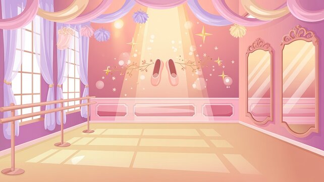 Magical pink ballet studio illustration with mirrors and dance barre for fantasy design