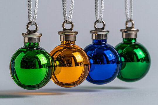 Colorful glass christmas ornaments hanging in a row against a light background