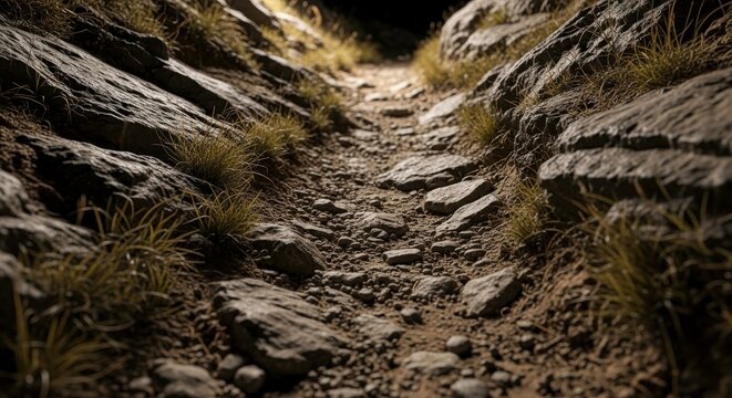 Narrow dirt trail winding between jagged grey rock formations and dry grass in a rocky mountain pass
