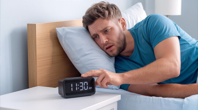 Young man waking up late and looking at digital alarm clock with shock. Stressed millennial male oversleeping in bed at home.