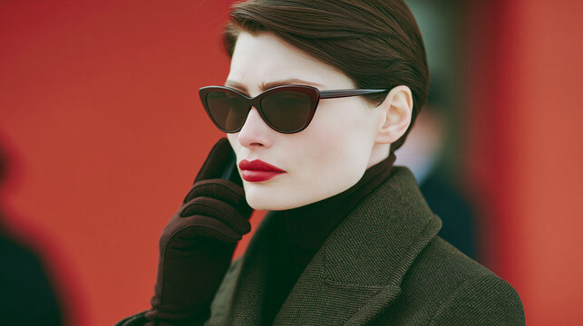 Stylish elegant woman wearing sunglasses and dark coat talking on the phone with red lips