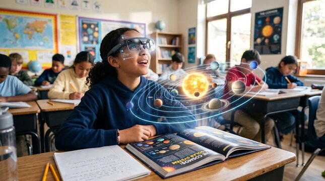 Young student wearing AR glasses studying a glowing 3D solar system floating above a textbook