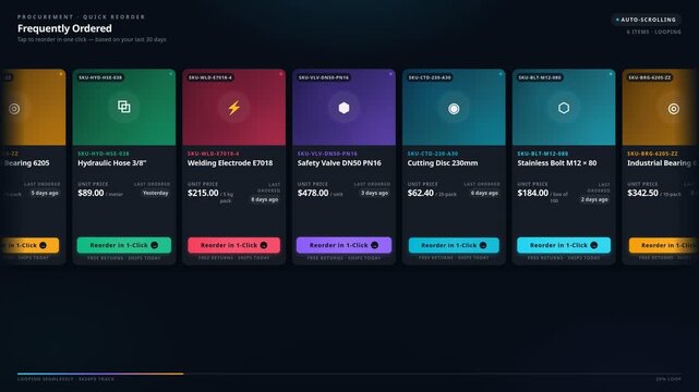Modern industrial procurement dashboard interface with automated inventory reordering system with digital product cards, for efficient supply chain management, logistics, business operations