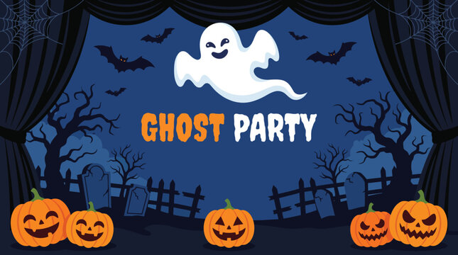 A festive and spooky halloween background featuring a cute ghost surrounded by carved jack o lanterns in a dark cemetery setting