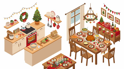 Naklejka premium Cozy Christmas Kitchen and Dining Room Scene.