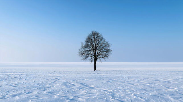 A solitary bare tree stands in the center of a vast white snowy field against a clear blue sky.