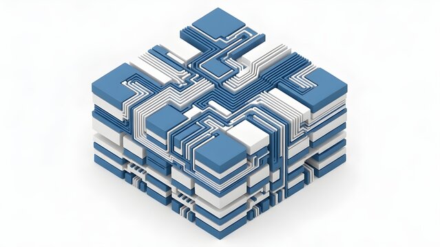 3D Render of Corporate Blue Semiconductor Transistors on White
