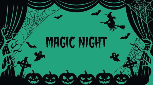 A festive halloween background featuring a stage curtain design with silhouettes of witches pumpkins bats and ghosts for holiday celebrations