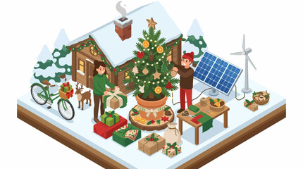 Naklejka premium Ecofriendly Christmas scene with sustainable energy sources and festive decorations.