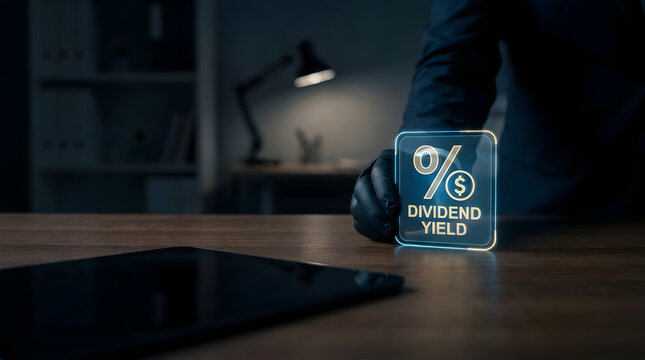 Person in black gloves holding a glowing dividend yield icon in office
