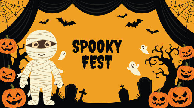 A festive halloween background featuring a cute mummy character surrounded by carved pumpkins ghosts and bats for a spooky party celebration