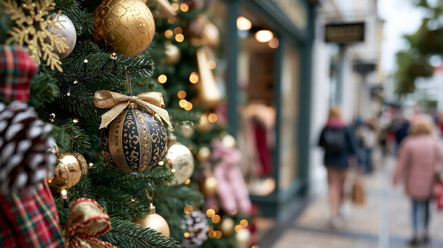 Christmas tree decorated with gold ornaments and festive street background