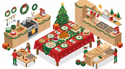 Naklejka premium Festive Christmas Kitchen Scene with Family Preparing Holiday Meal.