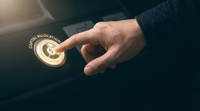 Person pressing a glowing capital allocation button on a control panel