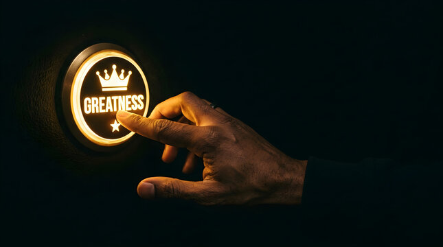 Person pressing a glowing button labeled with the word greatness