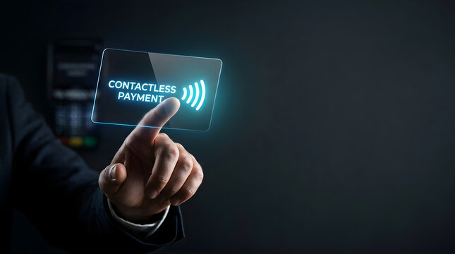 Person touching a digital contactless payment interface in the air