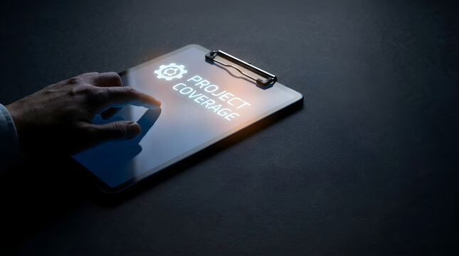 Person touching a glowing digital screen with project coverage text