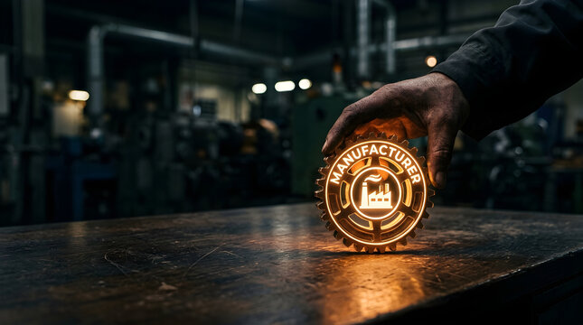 Worker holding a glowing gear with a factory icon in a workshop