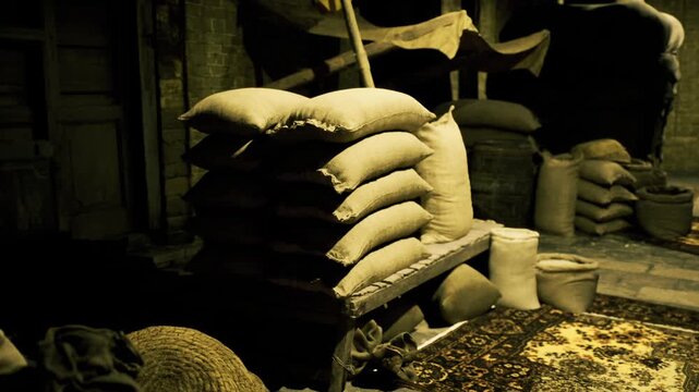 Silent abandoned granary stacked burlap and loose seed on cold planks, mottled light from narrow opening, mood of neglect and timeworn storage