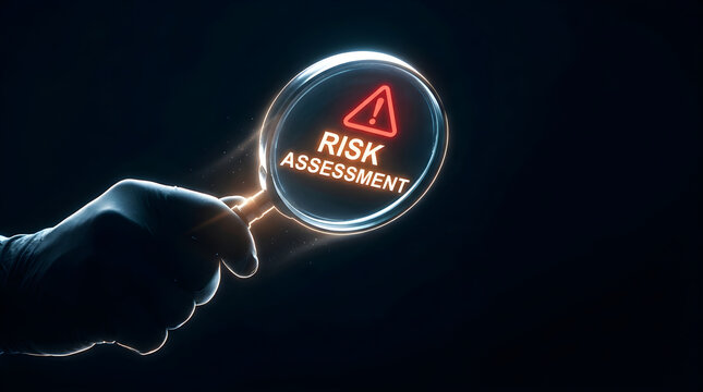 Magnifying glass examining risk assessment text on dark background