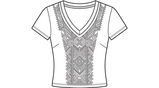 Fashion technical sketch of a women's short sleeve V-neck t-shirt featuring an intricate geometric embroidery pattern on the center front panel, isolated on a plain white background.