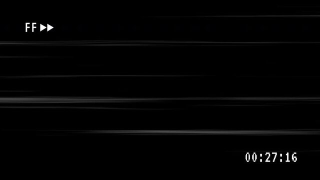 VHS tape fast forward arrows icon symbol effect on 4k Black Screen Film overlay animation. Fast forward VHS overlay with retro VCR interface, static noise, scanlines.