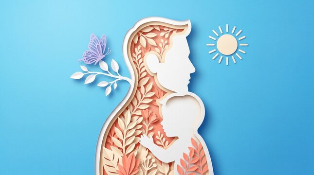 Paper cut art of father and child silhouette, layered paper craft family illustration, floral nature fatherhood concept on blue background