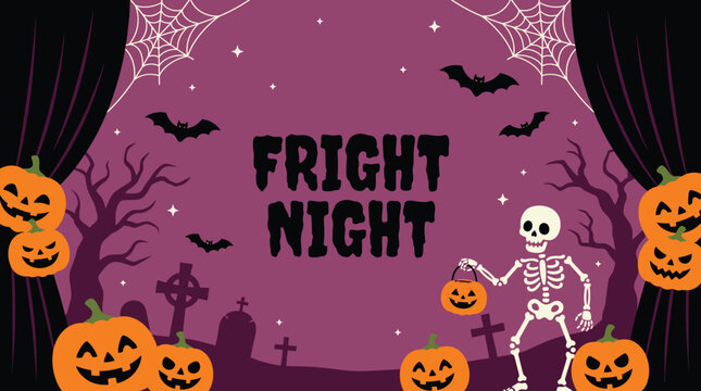 A festive purple halloween background featuring a spooky skeleton holding a pumpkin with bats and carved jack o lanterns for celebration