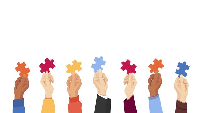 Animated hands holding puzzle pieces rising up and gently swaying before moving down. Seamless loop animation on white background. Teamwork and problem solving concept