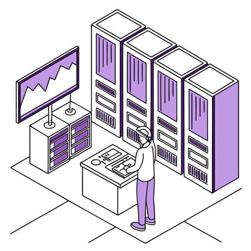 Server rack room and data center isometric analytics concept