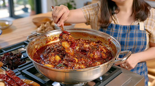 Authentic homemade cooking footage of a person preparing chamoy sauce from scratch, stirring cooked fruit and chili ingredients inside a large pot on the stove, deep red sauce gradually thickening, 