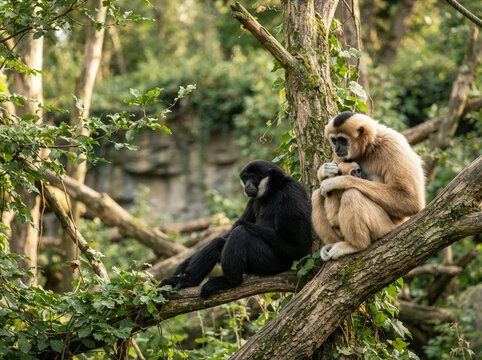 Two primates perched on a thick branch in dense green rainforest in soft daylight