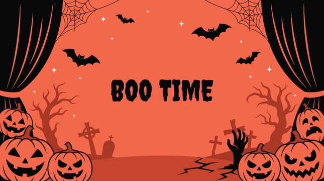 A spooky halloween background featuring carved pumpkins bats and a graveyard scene with the text boo time in the center