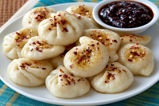 Steamed dumplings served on a white plate with spicy dipping sauce dumpling plate dim sum