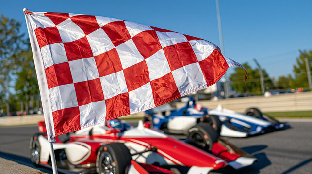 Cinematic macro view of a checkered flag rippling in crisp detail, high-performance Formula style cars racing past behind it in dramatic motion blur, bright afternoon sun creating reflections on hel