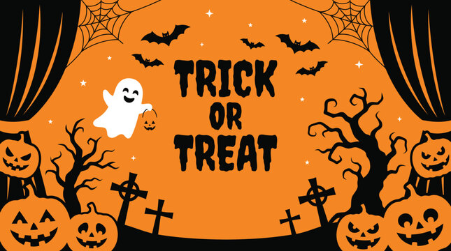 A festive halloween background featuring a trick or treat sign with scary pumpkins ghosts bats and curtains for holiday party decoration