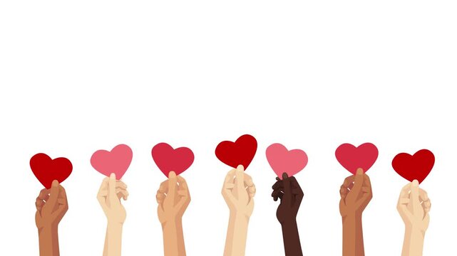 Animated hands holding red hearts rising up and gently swaying before moving down. Seamless loop animation on white background. Love, care and support concept.