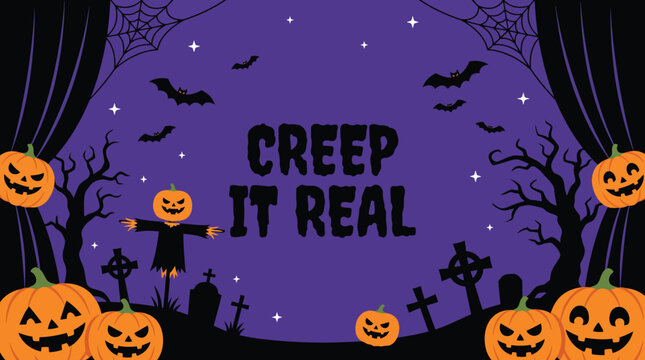 A festive purple halloween background featuring spooky jack o lanterns bats a graveyard and the fun text creep it real
