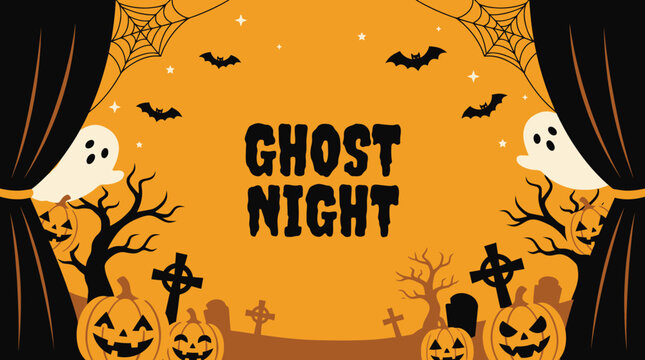 A festive halloween background featuring a spooky ghost night theme with pumpkins bats and dark curtains for a holiday celebration