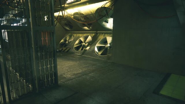 Gated ventilation shaft with rotating fans visible through security grille, cold green lighting and concrete walls create moody industrial setting, locked