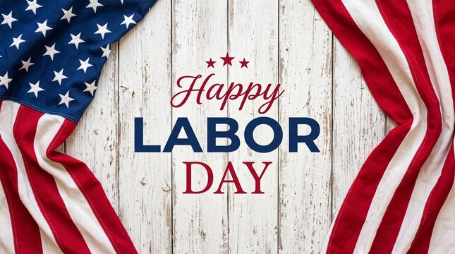 Happy Labor Day greeting on white wood background, American flag border with patriotic text, USA holiday celebration banner