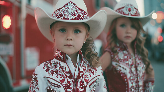 Two young girls wearing decorated cowboy hats and western attire with little girls