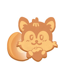 Fototapeta premium Cute cookie colored squirrel character illustration holding acorn, kawaii cartoon animal with fluffy tail