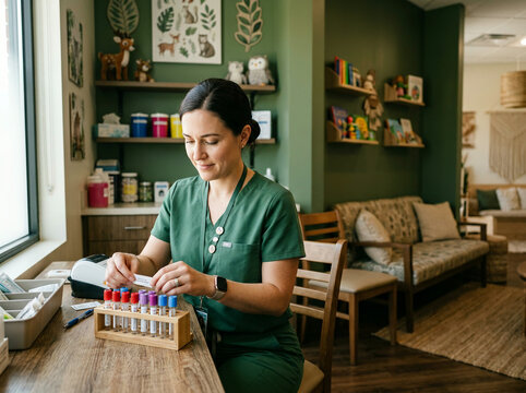 Nurse labelling sample vials at a table in a green childrens clinic room