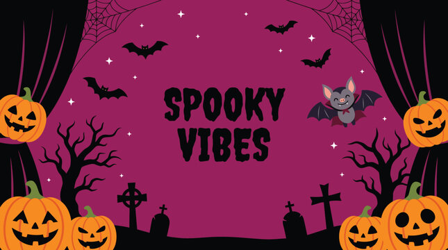 A festive halloween background featuring spooky vibes text with smiling jack o lanterns bats and a dark purple graveyard scene