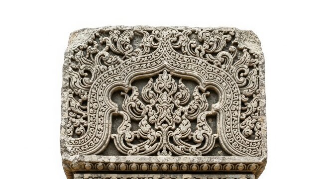 Intricate khmer stone carving with ornate floral patterns on a textured gray block, isolated on white