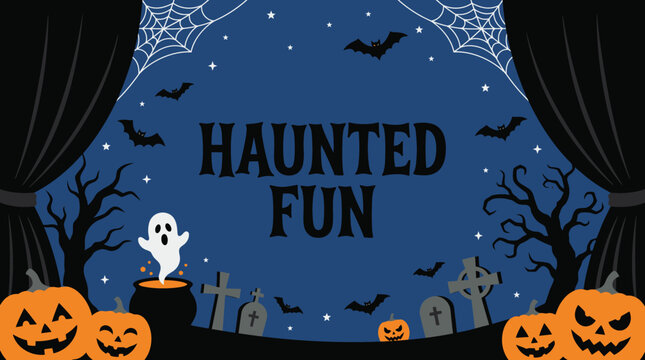 A festive halloween background featuring spooky pumpkins a cute ghost and bats with the text haunted fun for holiday party decorations
